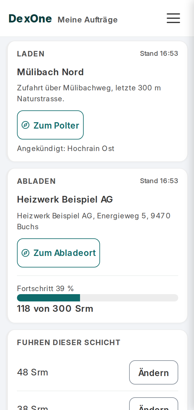 Fahrer-App von DexOne mit einem Auftrag aus der Hackschnitzellogistik – Bildschirmauszug