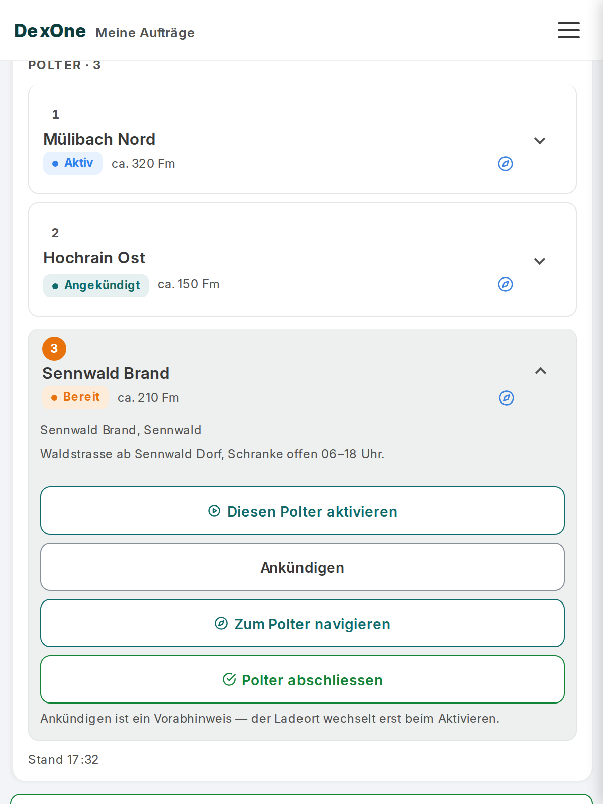 Polterliste in DexOne: drei Polter mit Standort, Menge und Stand