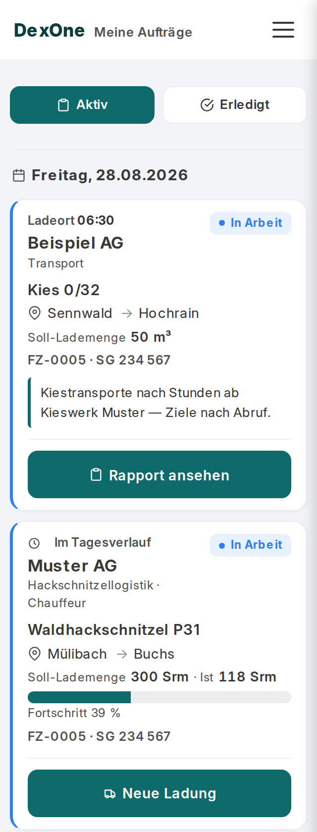 Auftragsliste der DexOne Fahrer-App: Transport- und Hackschnitzel-Aufträge in derselben Liste