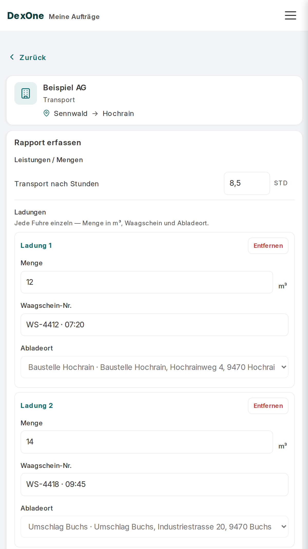 Rapport in der DexOne Fahrer-App: Transport nach Stunden als Beispiel, jede Ladung einzeln mit Waagschein und Abladeort