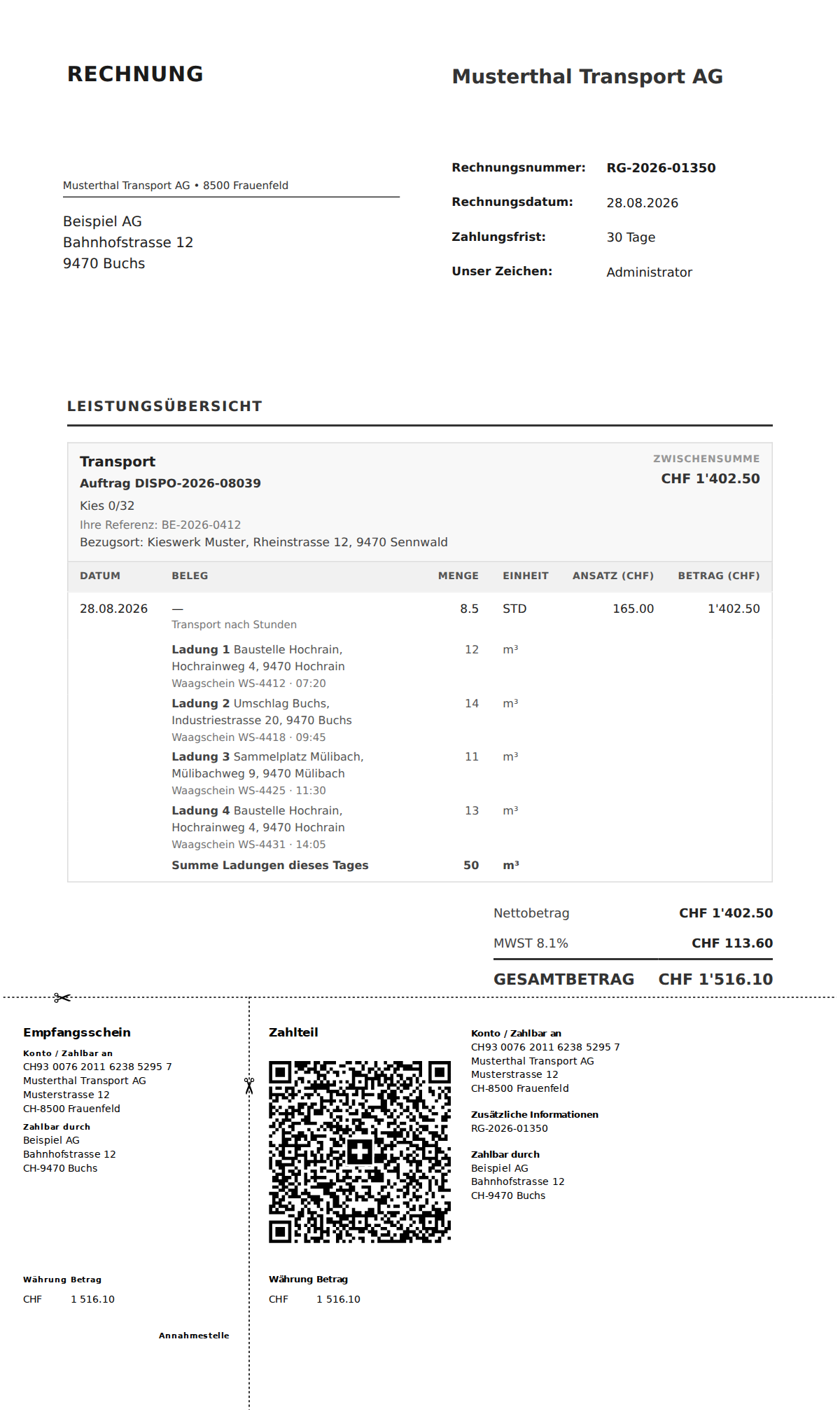 Rechnung aus DexOne: Leistungsposition, jede Ladung als Belegzeile mit Waagschein, Schweizer QR-Einzahlungsschein